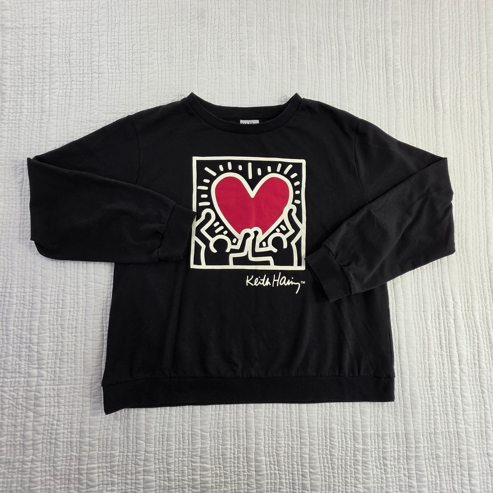 Keith Haring Radiant Heart Graphic Sweatshirt Black Crewneck Pullover EUC Size L